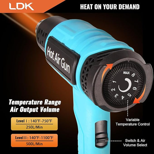 LDK Heat Gun, 140°F~1100°F Variable Temperature Control Heating Gun, 1.5s Fast Heating Heavy Duty Hot Air Gun Kit with 4 Nozzles for Crafting Shrink Tubing Vinyl Wrap