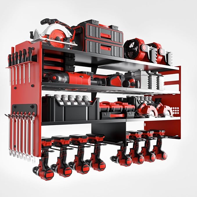 oviitech Large Power Tool Organizer Wall Mount, 8 Drill Holder Wall Mount Loads 400lbs, 4 Layer Heavy Duty Metal Power Tool Storage, Red, Utility Rack for Garage Workshop