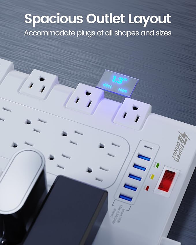 Flat Plug Power Strip, SUPERDANNY Surge Protector with 22 AC Outlets and 6 USB Charging Ports, 1875W/15A, 2100 Joules, 6.5Ft Heavy Duty Extension Cord for Home Office, Dorm, Gaming Room, White
