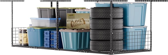 Soywey 3 x 8FT Overhead Garage Storage Rack,Adjustable Ceiling Storage Racks,Garage Shelving Heavy Duty Storage Organizer System With Sidebar,Load 600LBS Weight