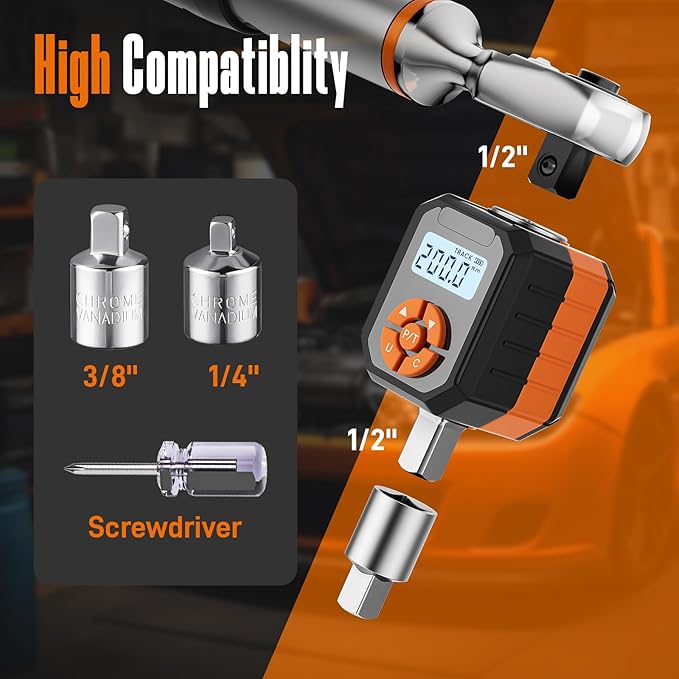 1/2" Digital Torque Wrench Adapter Set, 7.3-147.5 Ft.lb/10-200 N.m Electronic Torque Adapter with Buzzer & LED Indicator for Automotive Motocycle Car Repair