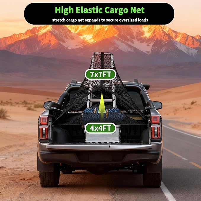 Cargo Net for Pickup Truck Bed, Double Layer Truck Bed Net, Suitable for Daily Light Loads of Trucks, 4'x4' Stretches to 7'x7', with 6 Metal Carabiners