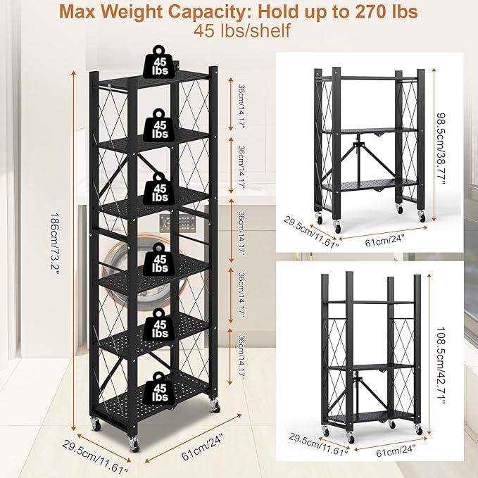 6-Tier Foldable Storage Shelves with Wheels, Folding Metal Shelf Unit, Folding Bookshelf no Assembly, Collapsible Shelves for Craft Shows for Kitchen, Bedroom, Living Room, Black