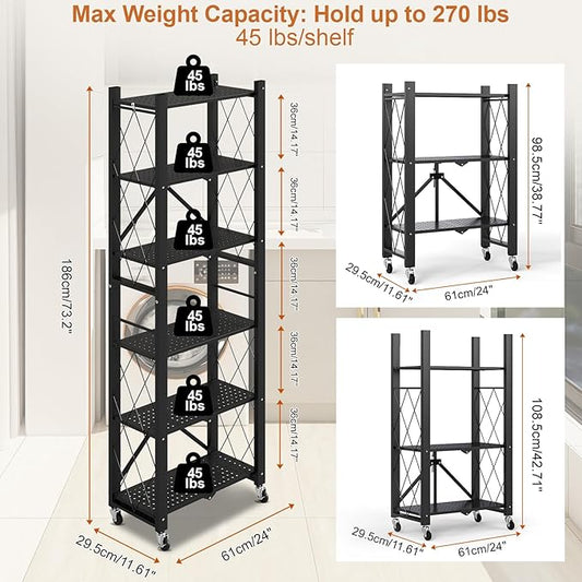 6-Tier Foldable Storage Shelves with Wheels, Folding Metal Shelf Unit, Folding Bookshelf no Assembly, Collapsible Shelves for Craft Shows for Kitchen, Bedroom, Living Room, Black