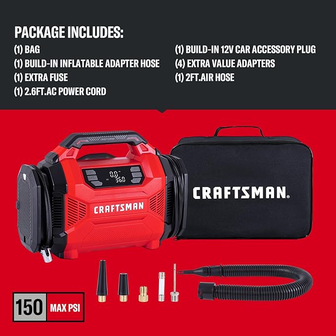 CRAFTSMAN Dual Power Tire Inflator Portable Air Compressor, 12V DC Car Plug & 120V AC Home Use, Up to 150 PSI with Digital Gauge & Auto Shut-Off, LED Light, Air Pump for Cars, Bikes & Inflatables