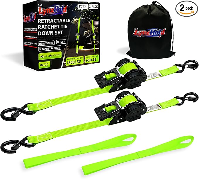 Retractable Ratchet Straps (2-Pack) - Heavy Duty Auto Slow Retraction Tie Down Straps - 1 Inch x 13 Feet (1,800lb Break Strength) for Truck, Cargo Trailer, Motorcycle, ATV, UTV - Green