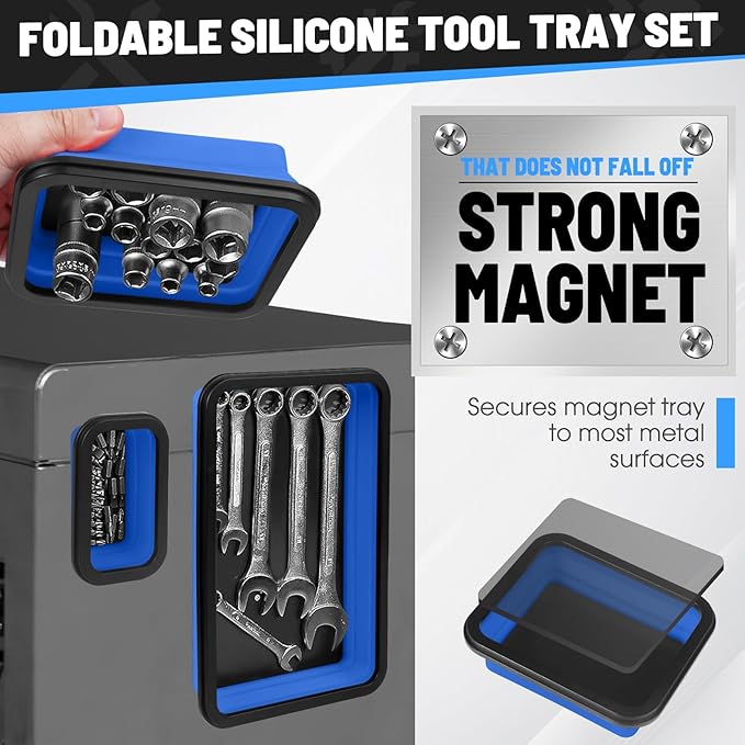 3 Pack Magnetic Parts Tray Set, Different Size Collapsible Tool Trays for Storage Organizer Screw, Bolts, Nuts, Washers, Pins & Other Small Metal Parts-Tool Gifts for Men(Blue)