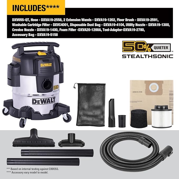DEWALT 5 Gallon STEALTHSONIC Shop Vacuum Wet and Dry, Powerful Suction & Portable Shop Vac with Attachments, Ultra Quiet Wet Dry Vacuum for Home, Garage, Car, Workshop, Jobsite, DXV05S-QT, 4 Peak HP