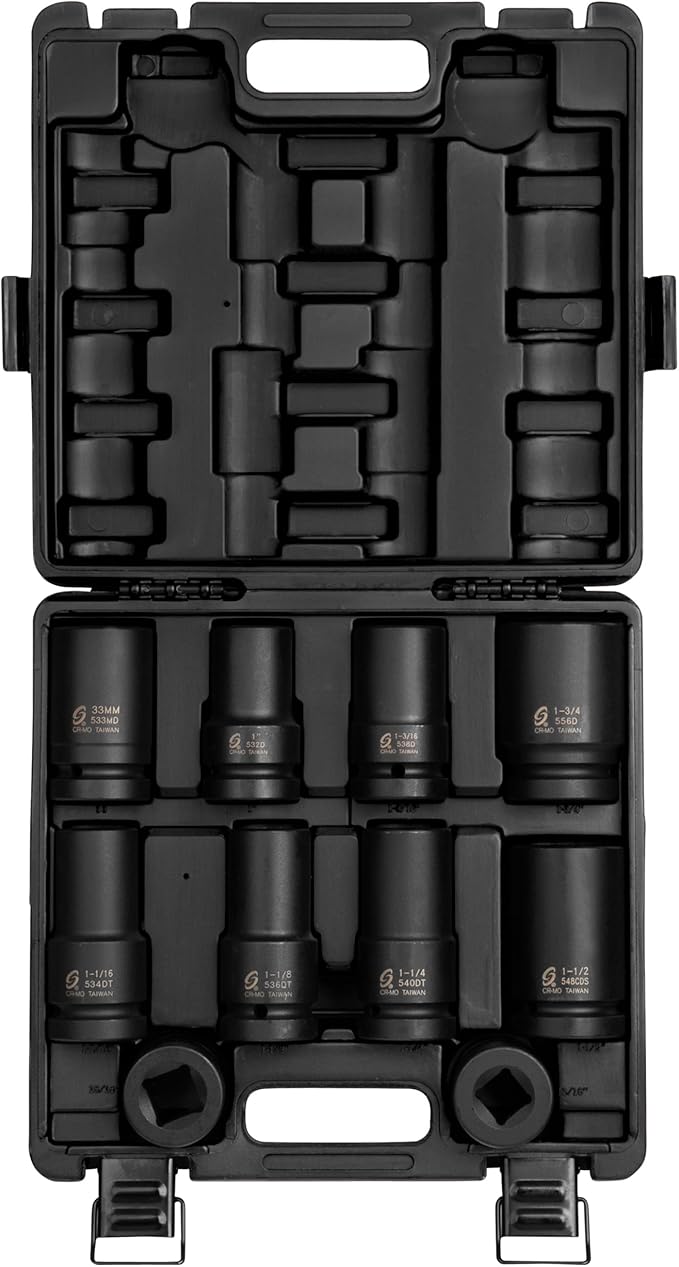 Sunex 5690A, 1 Inch Drive Heavy Duty Wheel Impact Socket Set, 10-Piece, SAE/Metric, Deep/Deep Thin Wall/Square/Controlled Depth, Cr-Mo Steel, Storage Case