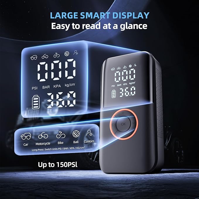 Tire Inflator Portable Air Compressor, 150PSI Cordless Tire Pump, 12V DC & Battery Dual Power, Auto Shut-Off Air Pump for Car, Motorcycle, Bike, Ball - LED Light & Digital Display, Car Gifts for Men