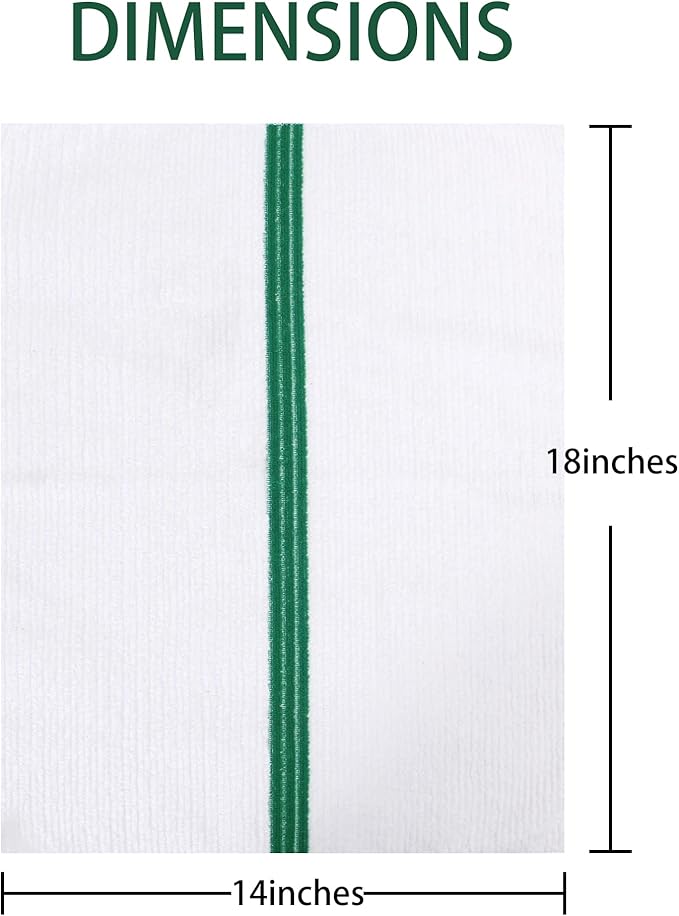 Premium 24 Pack White with Green Stripe Bar Mop Microfiber Towels for Home, Kitchen, Restaurant Cleaning (White/Green Stripe, 14inx18in)
