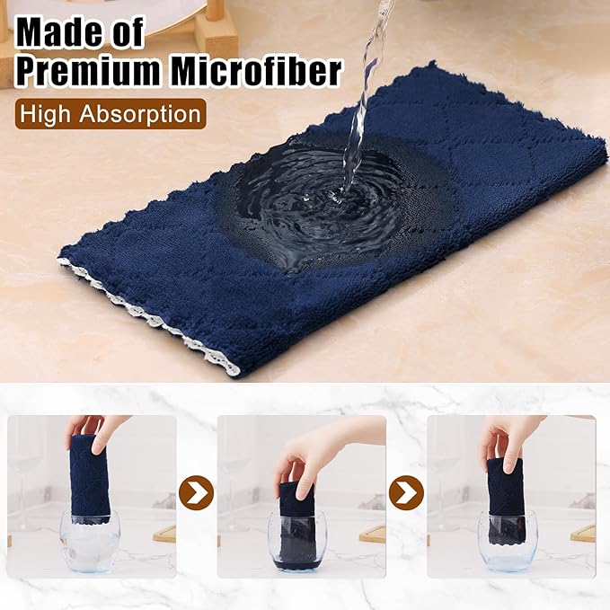 Mordimy 12 Pack Kitchen Cloths Dish Towels (10" x 10", Navy Blue & White), Super Soft and Absorbent Dish Cloths, Coral Velvet Microfiber Cleaning Cloth, Nonstick Oil Fast Dry Dishcloths