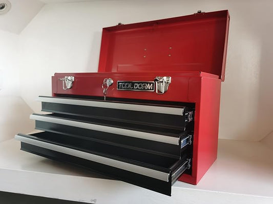 20.3“ Metal Tool Box with Drawer Portable Steel Tool Box with Protective Liner and Latch Closure and Lock for Garage, Home and Warehouse (Red & Black-3 Drawers)
