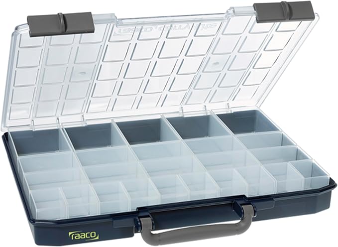 Raaco CarryLite Slim Small Parts Organizer Box – 2.3 Inch Height – 25 Inserts – Anti-Mix U-Profile Lid for Screws, Bolts & Nuts – Secure Sliding Lock – Portable Hardware & Tool Storage (CarryLite 55)