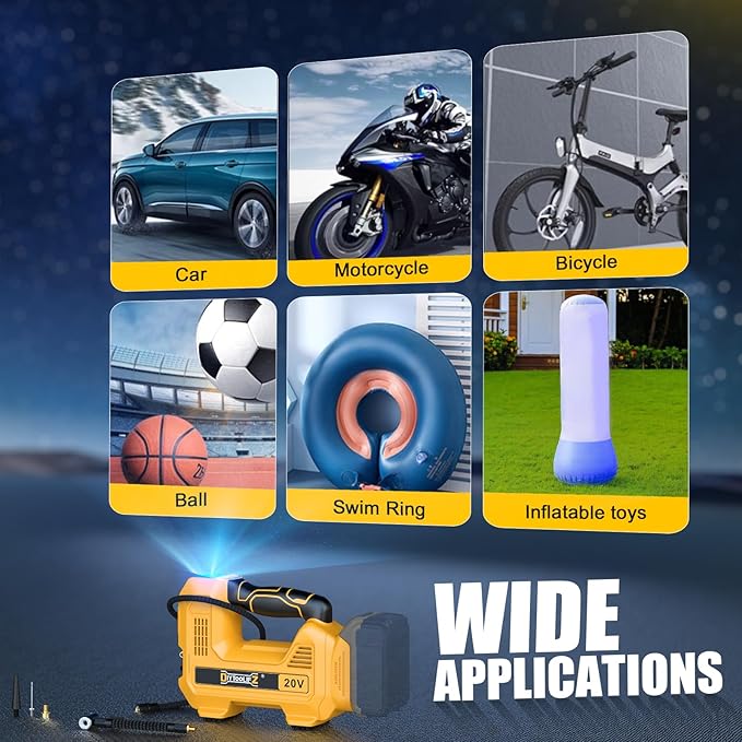 DIYtoolifz 160PSI Cordless Tire Inflator Compatible with Dewalt 20V Air Compressor, Portable Air Pump Automatic Shut Off, LED Light, Digital Pressure Gauge for Cars Motorcycles Bike Ball (Bare Tool)