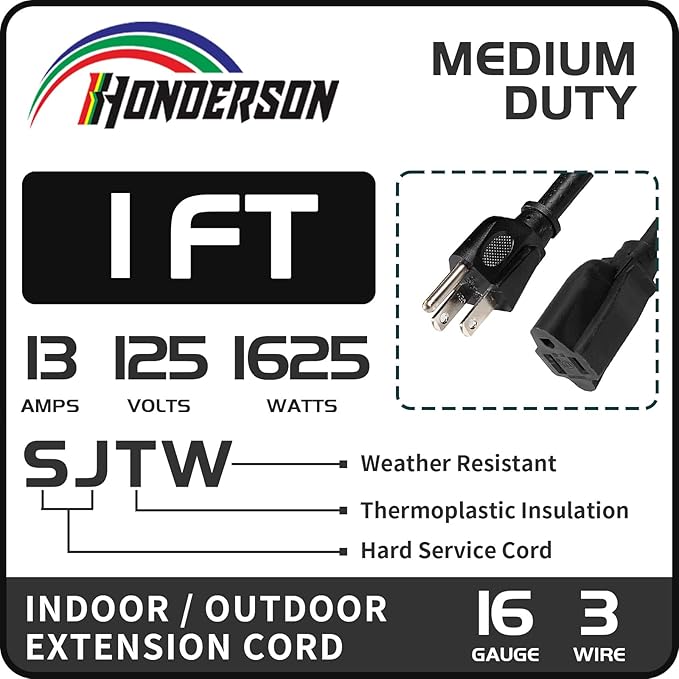 Extension Cord, UL Certified, 16 Gauge 1FT Black 3 Prong Heavy Duty, 16/3 SJTW 13A Power Cord for Lights, Appliances, Lawn