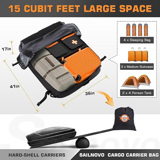 Sailnovo Rooftop Cargo Carrier Roof Bag,15 Cubic feet Soft Waterproof Car Roof Bag fit Cars with/Without Rack, 4 Tie-Down Straps, 4 Door Hooks, Foldable Car Top Carrier for Road Trip Camping Travel