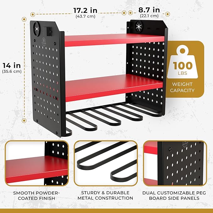 BUILTSTRONG Power Tool Organizer-6 Drill Holder Wall Mount, 3 Tier Heavy-Duty Hand Tool Storage Rack, Utility Racks, Drill Holder, 2 Pegboard Sides - Garage Storage Cordless Tool Organizer (Red)