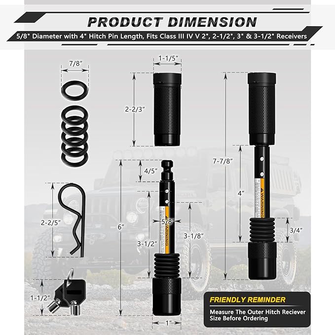 AUTMATCH Trailer Hitch Lock 5/8" - 4" Extra Long Span & Anti-Theft Hitch Locking Pin, Fits Class III IV V 2"-3.5" Receivers, Heavy Duty Towing Lock Pin for Jeep, Trailer, Truck, RV, Bike Rack, Black
