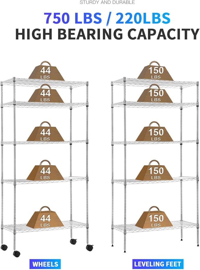 BestOffice 14"x30"x60" Storage Shelves Heavy Duty Shelving 5 Tier Layer Wire Shelving Unit with Wheels Metal Wire Shelf Standing Garage Shelves Storage Rack,Adjustable NSF Certified (Chrome)