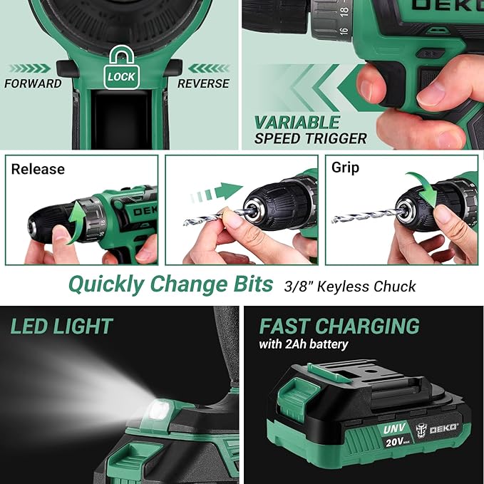 Green Drill Tool Kit Set: 20V Cordless Power Drill Tool Box with Battery Electric Drill Driver for Men Home Hand Repair Basic Toolbox Tools Sets Drills Case