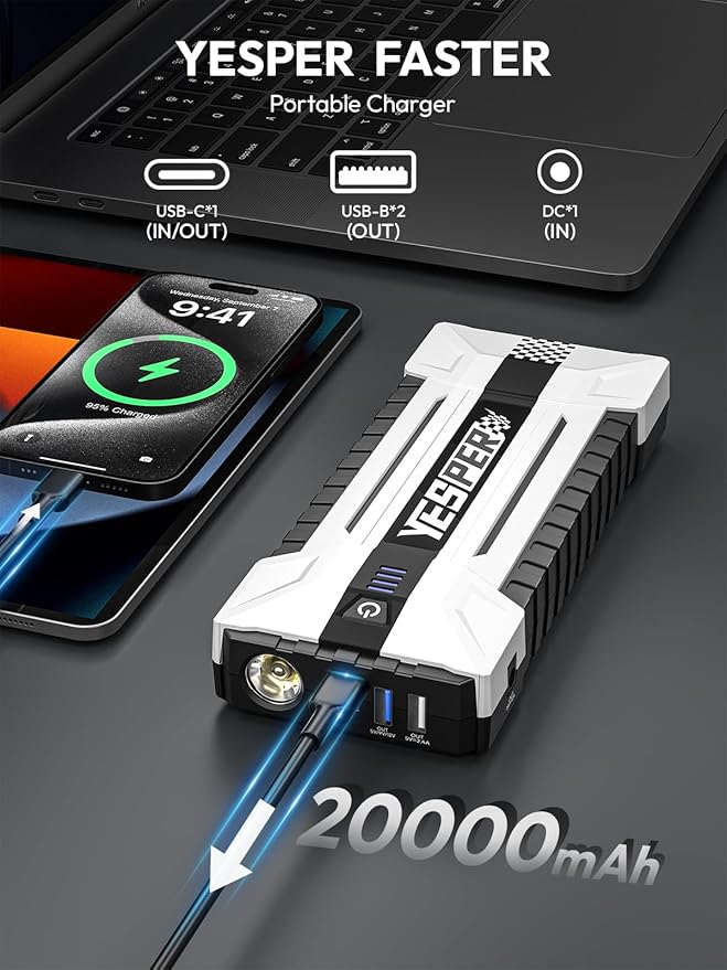 YESPER Battery Jump Starter Portable, 3000A Booster Pack Jump Box for 12V Car (Up to 10L Gas/8L Diesel Engine), Jumper Cables with DSLI Safe Tech, PD 15W Fast Charge & DC 15V Port