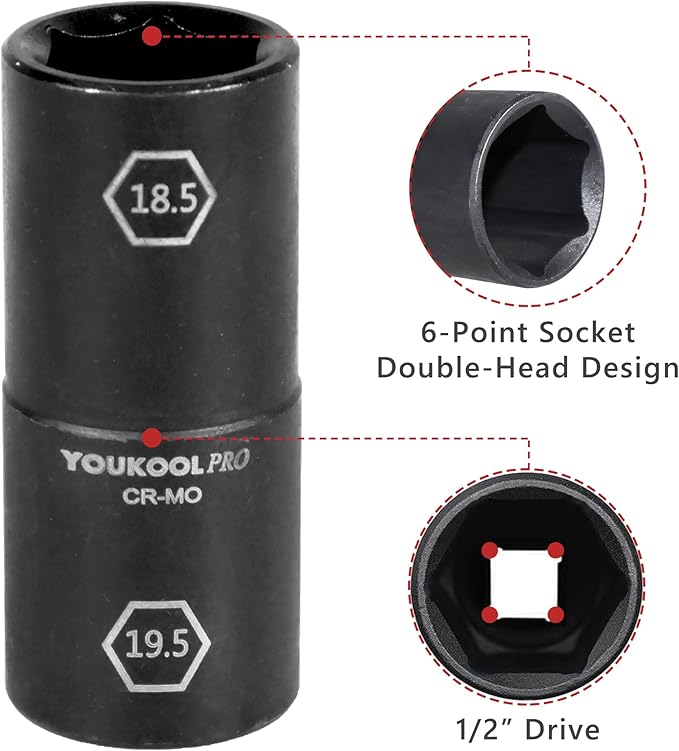 1/2-Inch Drive Double Ended Impact Socket, 18.5mm x 19.5mm, 6-Point,Half Size Lug Nut Thin Wall Wheel Protector Nut Socket, Made from Robust and Anti-Corrosive Steel