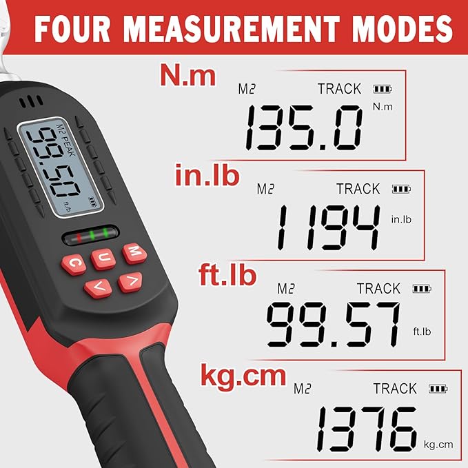 VANPO Digital Torque Wrench 3/8-Inch Drive 5-99.5 ft-lbs./6.8-135Nm, ±2% Torque Accuracy, Electronic Torque Wrench with Preset Value, Buzzer and LED Notification for Automotive Motorcycle & Bicycle