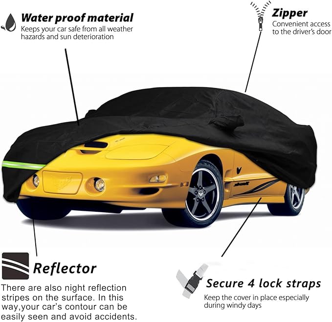 Yixin Waterproof Car Covers for 1993-2002 Pontiac Trans AM Car Covers 190T Covers Custom Fit 100% Waterproof Windproof Strap & Double Door Zipper Up to 198” L (Black)