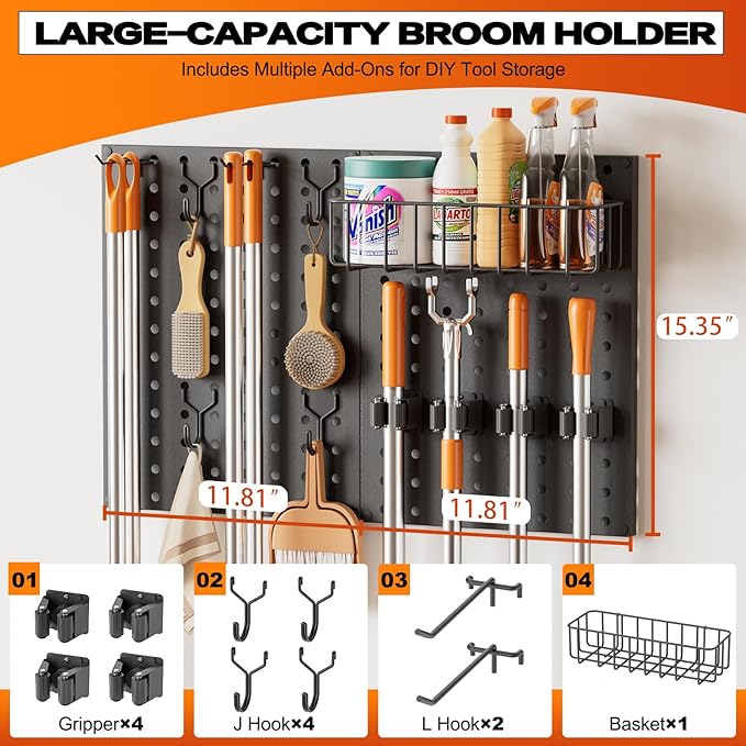 Broom Holder Wall Mount, Peg Board Wall Organizer with Mop Hanger Gripper Hooks Basket, Laundry Room Organization and Storage with Cleaning Supplies Organizer, Metal Pegboard for Utility Closet Garage