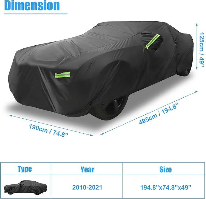 X AUTOHAUX Waterproof Car Cover for Chevrolet Camaro 2010-2021 210D Outdoor Full Car Cover All Weather Windproof Sun Rain Protection with Door Zipper