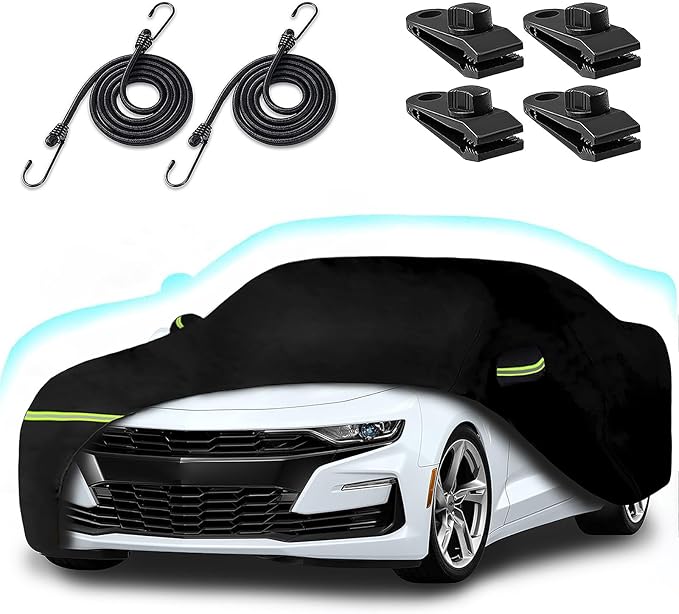 for 2010-2025 Chevy Camaro Waterproof Car Covers, 210T All Weather Protection Full Car Cover with Windproof Gust Strap and Zipper Door for Camaro 1LS 1LT 2LT 3LT(Black)