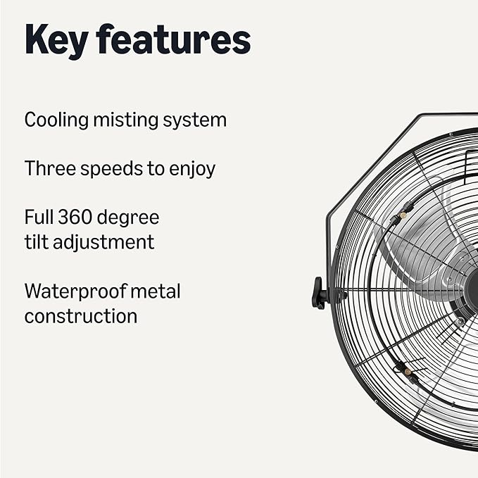 Amazon Basics 18" Outdoor Heavy-Duty Misting Fan, Wall-Mounted, Industrial, Waterproof (IP44), With Tilt Head, Metal Blades, Dual Ball Bearing Motor, 3 Speeds Up to 1550 RPM and 3781 CFM, Black