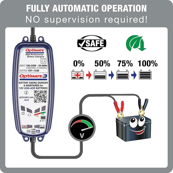 OptiMate3 0.8A, Smart Battery Saving Charger for 12V Lead-acid Motorcycle and Powersport Batteries