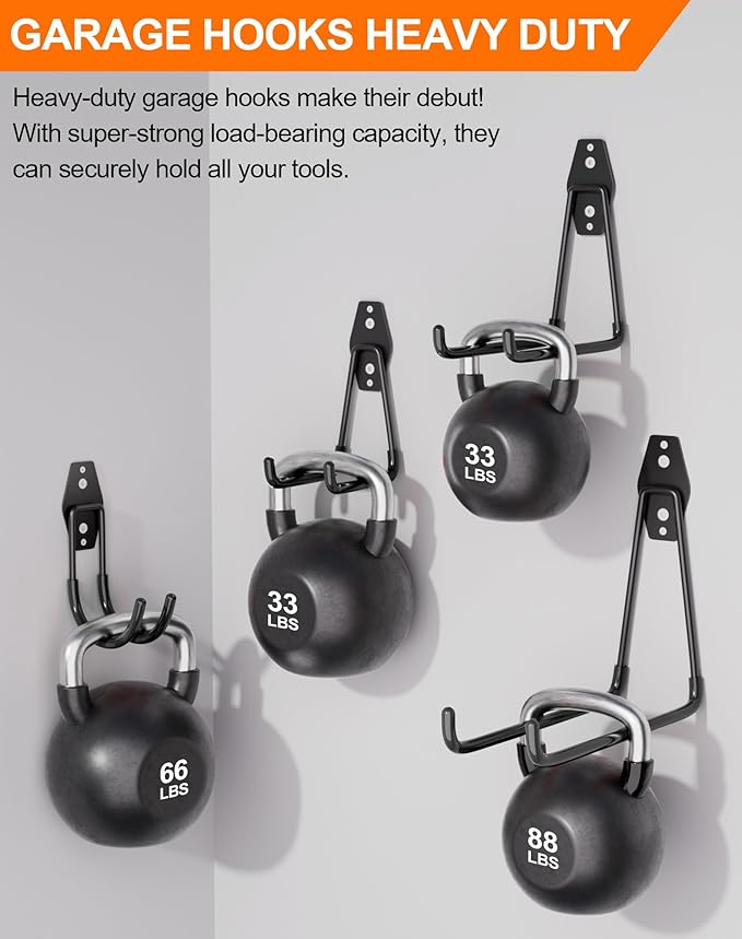 QcoQce 14 Pack Garage Hooks Heavy Duty with 2 Extension Cord Straps,Garage Storage Hooks, Wall Mount Hooks, Garage Organization and Tool Hangers for Bike, Ladder, Ropes and Garden Tools
