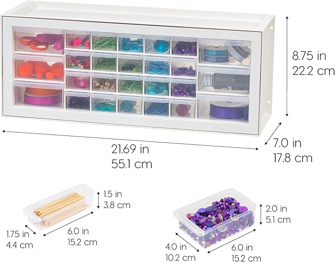 IRIS USA Plastic Storage Drawers, Made in USA, 26-Drawer Organizer Cabinet, Stackable Teacher Toolbox for Crafts, Beads, Stickers, Hardware, Nuts & Bolts, Scrapbook Supplies, Building Bricks – White