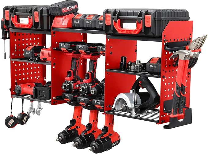 3 layers power tool organizer Loads 150lbs with 6 Cordless Drill Holder and 6 Outlet Power Strip,it’s good choice for husband birthday gift,red