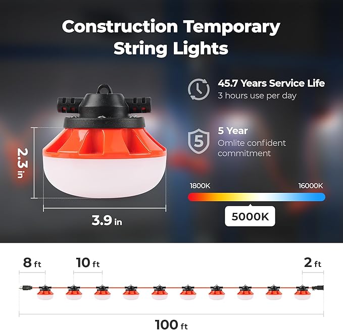LED Construction String Lights:100w ETL Certified Industrial LED String Work Lights,IP65 Waterproof 18AWG Wire 5000K Super Bright for Attic Jobsite Garage Mine cave,with Hanging Hooks