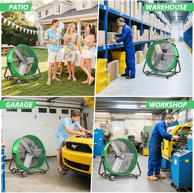 LifePlus 24 Inch Industrial Drum Fan High Velocity Floor Shop Fan 3 Speed, Heavy Duty Metal Air Circulator with Adjustable Tilt & Large Wheel for Warehouse, Garage, Factory, Patio, Barn, Green