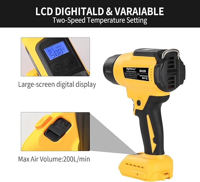Cordless Heat Gun Compatible with Dewalt 20V Battery, 350W Fast-Heat Hot Air Gun with LED Light & Digital LCD, Variable Temp Control for Shrink Wrap, Paint Stripping, Soldering & Crafts (Tool Only)