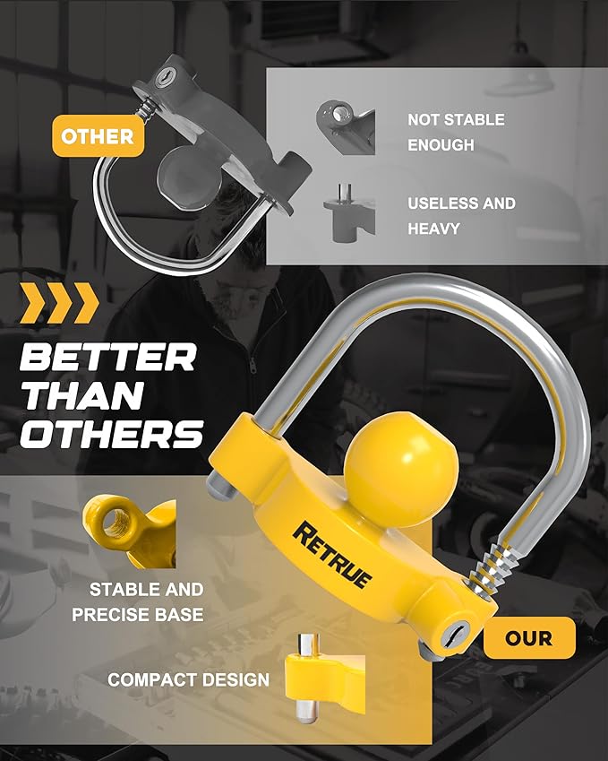 RETRUE Universal Coupler Lock Trailer Locks Ball Hitch Trailer Hitch Lock Adjustable Security Heavy-Duty Steel Fits 1-7/8 Inch, 2 Inch, 2-5/16 Inch Couplers, Bright Yellow, Light Weight