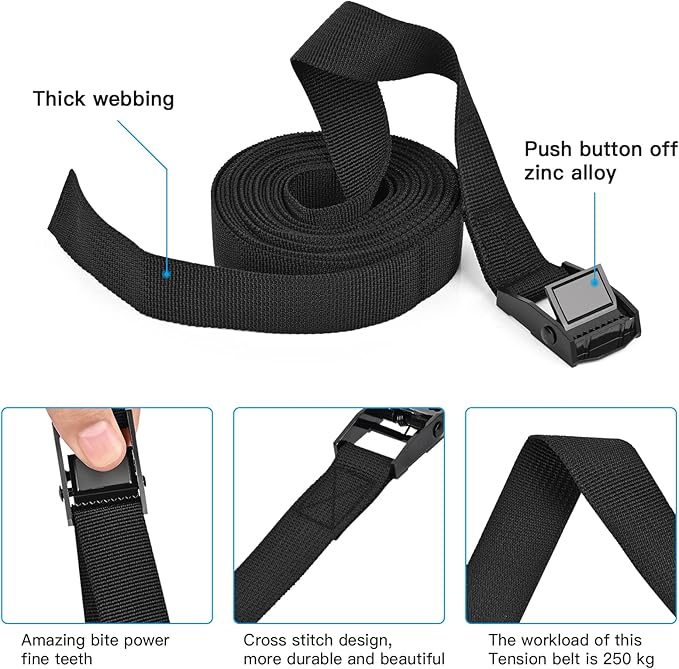 Kshineni Tie Down Straps 6 Pcs Lashing Ratchet Strap 1" x 1.65' Cam Buckle Cinch Straps for Cargo, Trucks, Luggage, Trailer, Motorcycle (Black)