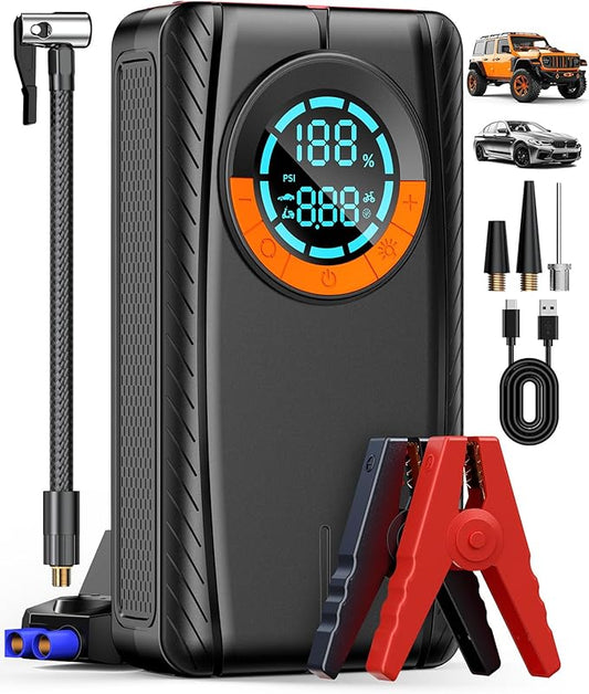 Jump Starter with Air Compressor, Car Battery Jump Starter (8.0 Gas/7.0L Diesel), Battery Jumper Starter Portable Jump Box, 12V Portable Car Jump Starter with Tire Inflator, LED Light (Classic)