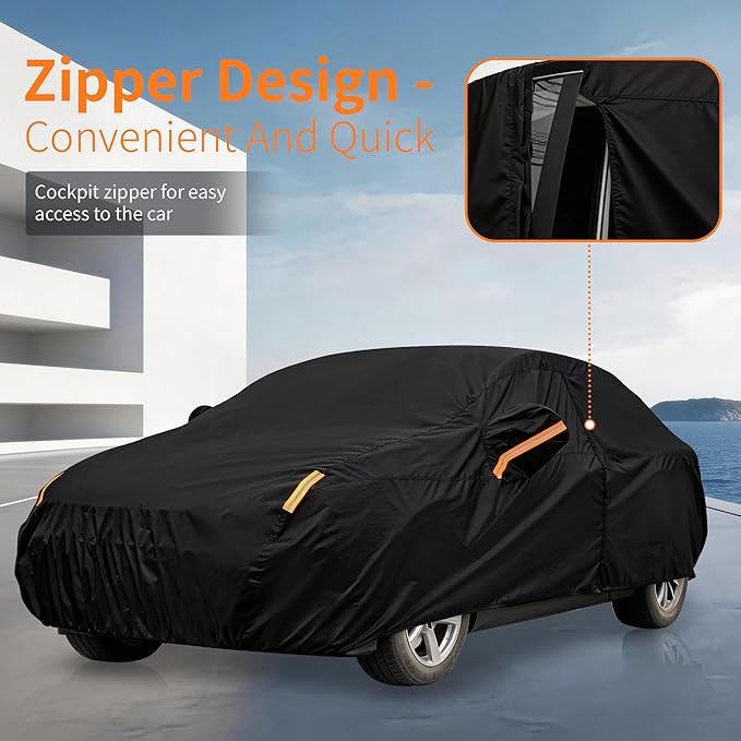 Waterproof Car Cover All-Weather, Heavy-Duty Outdoor Full Exterior Automobiles Snow Cover for Sedan 209-218 inch with Sun Visor,Zippered & Storage Bag - Black