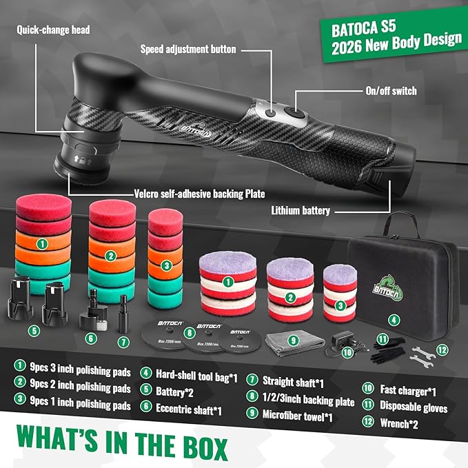 BATOCA S5 Cordless Mini Car Polisher Buffer Sander Dual Action Rotary Polishing Machine for Car Motorcycle Detailing Polish Buffing 1inch 2inch 3inch Polishing Pad Kit with 2x 12V Battery 2000-5500RPM