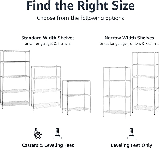 Amazon Basics 4-Shelf Adjustable Heavy Duty Storage Shelving Unit with Wheels, No-Tool Easy Assembly, Garage Shelving, Metal Wire Rack with Casters and Leveling Feet, 36" x 14" x 57.8", Chrome