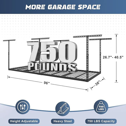Jusgym 3X8FT Overhead Garage Storage Rack, 26"-40" Height Adjustable Garage Ceiling Storage Racks, Heavy Duty Metal Overhead Storage Organizer System, 750LBS Weight Capacity