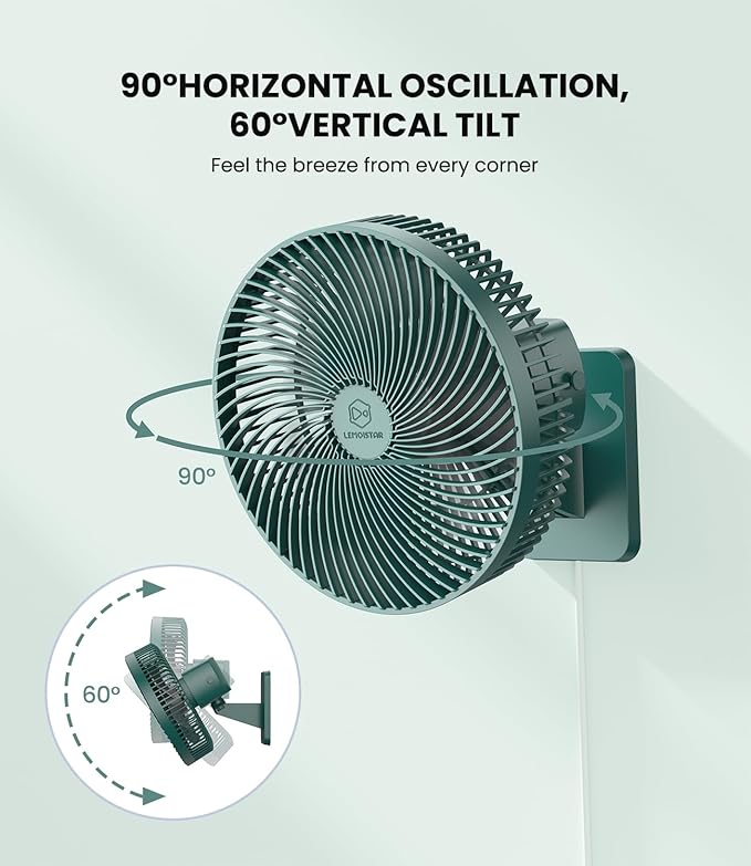 LEMOISTAR 10 Inch Wall Mounted Fan with Remote Control, 90° Oscillating, 4 Speeds, 4 Timer, Adjustable Tilt, 70 Inch Cord, Quiet, for Bedroom Garage RV Office Home Patio-Green