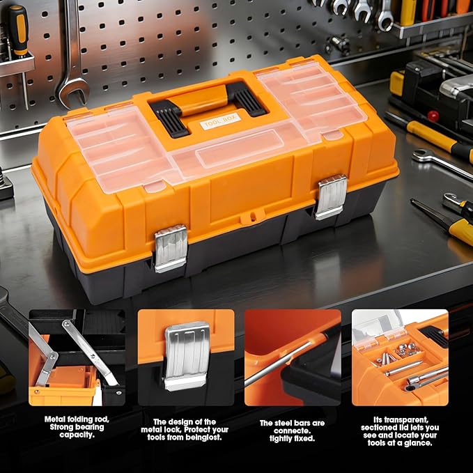 Torin 17-Inch Plastic Tool Box,3-Tiers Multi-Function Storage Portable Toolbox Organizer, Black/Orange ATRJH-3430T