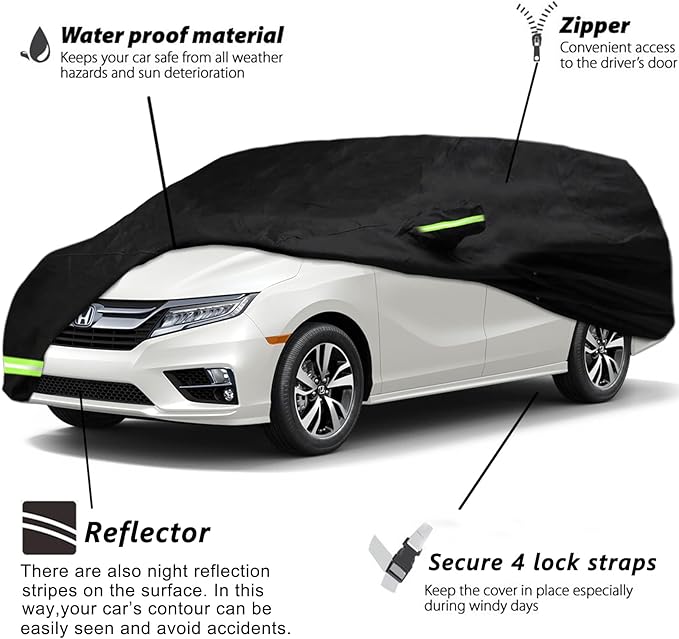 YIXIN Waterproof Car Cover Cover for 2005-2026 Honda Odyssey Minivan 190T Custom Fits 100% Water Resistant Wind Belt and Single Door Zipper, Up to 205" L (Black-for Honda Odyssey)